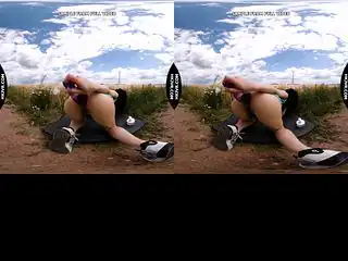 VR 180 Hotkinkyjo in green dress with dots take huge bottle in the ass and prolapse at the field