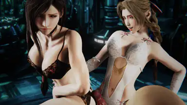 Doppio pussyjob con cumshot, parodia di Final Fantasy con Ifa Lockhart, Aerith Gainsborough e Rude